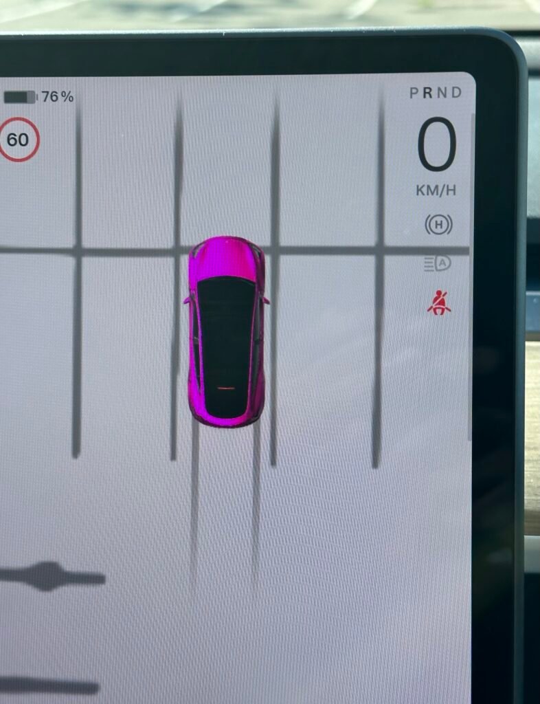 Visualization on the Tesla screen based on Tesla Vision algorithm while parked in an open parking lot 