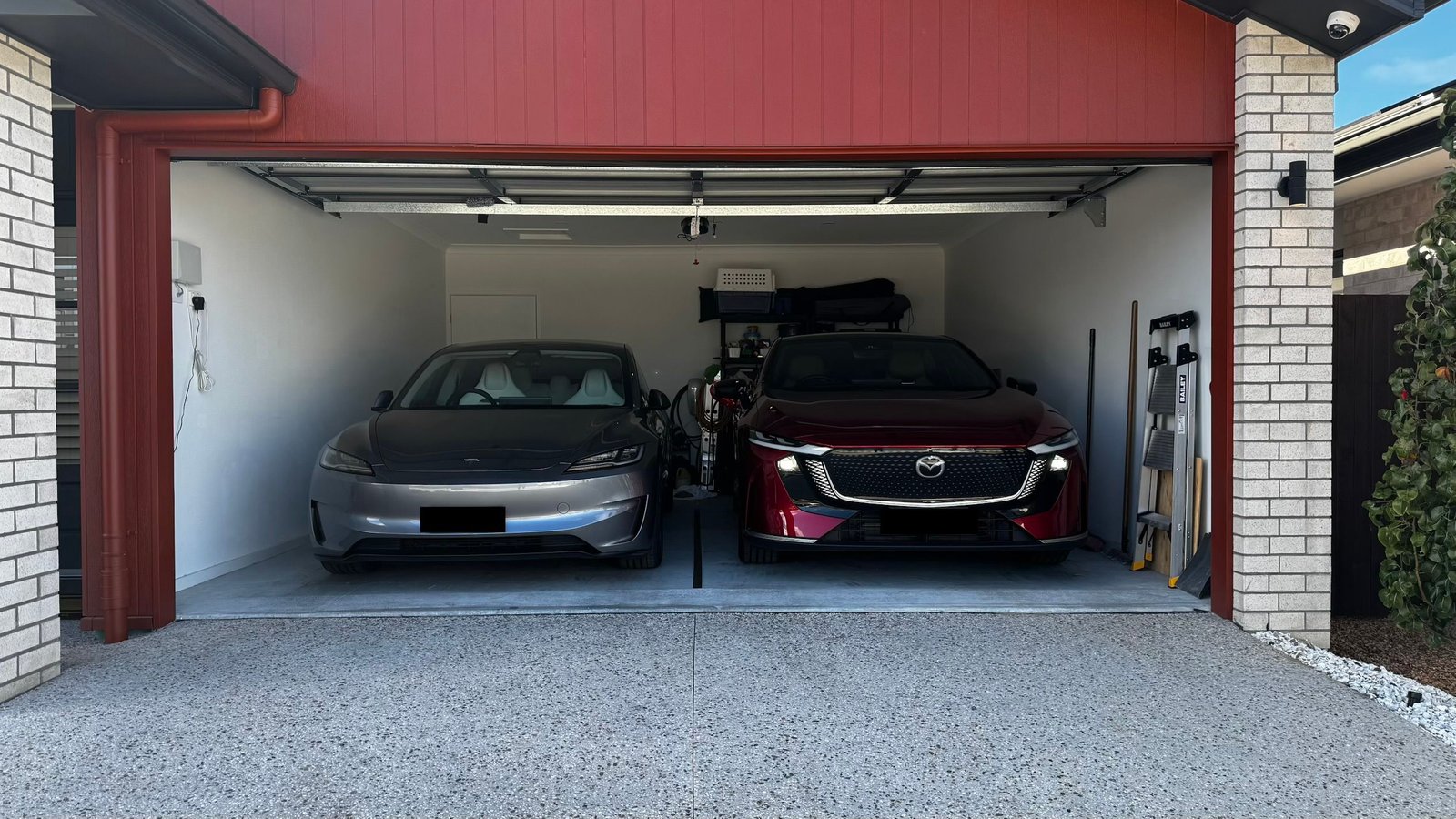 The garage and Tesla Model 3 at Goose's Ipswich, QLD home