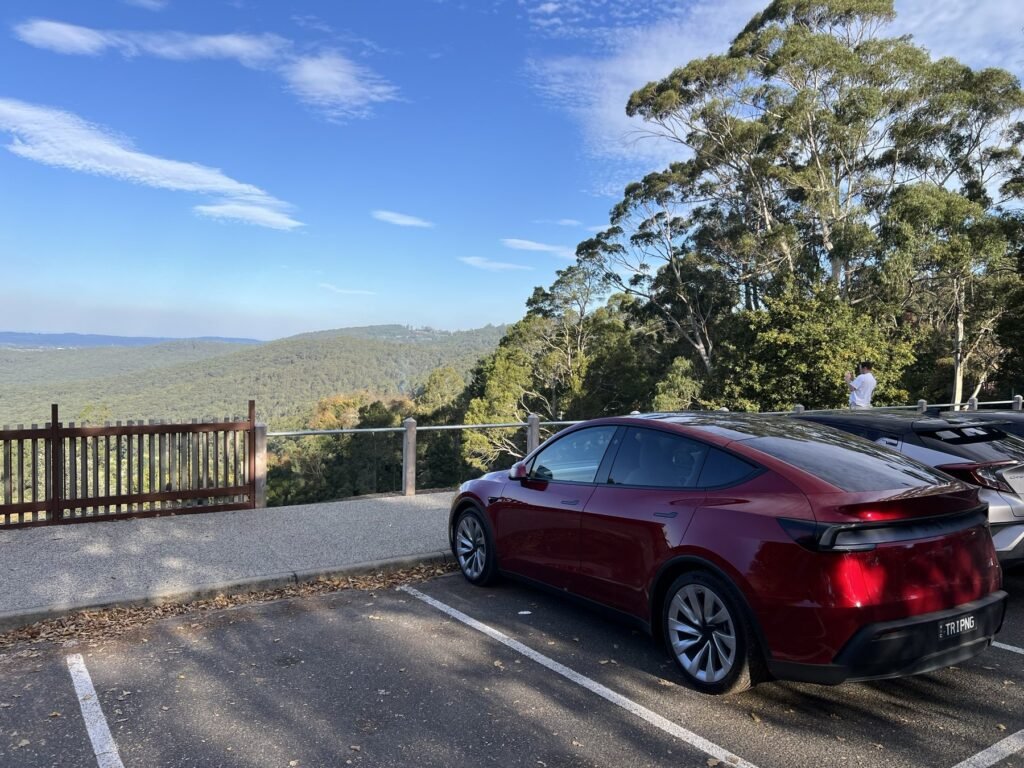 Red Tesla Model Y parked at a lookout above forested hills in the Dandenong Ranges
